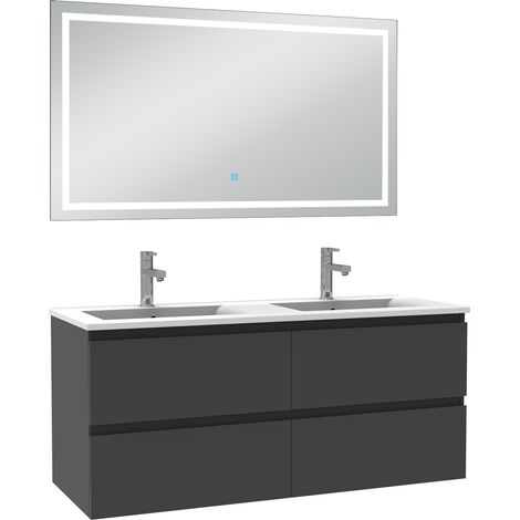 Aica Ensemble meuble Salle de Bain 120cm Anthracite double Vasque, avec Miroir Lumineux 3 Couleurs + Dimmable
