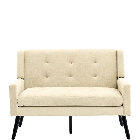 CAIziBanc premium en lin 2 places avec pieds antidérapants en bois massif et coussins en mousse haute densité – chaise d'appoint capitonnée à boutons pour salon, chambre et bureau