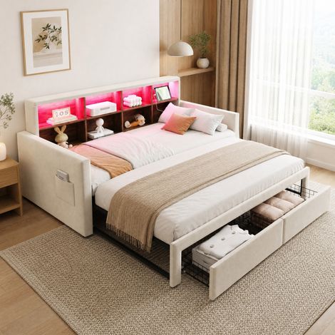 Letto divano estraibile 90x190 cm in velluto beige con contenitori, LED e prese OKWISH (1/5)