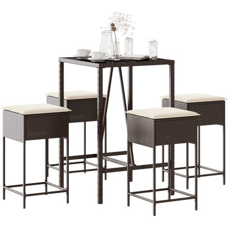 5-tlg. Gartenbar-Set mit Kissen Braun Poly Rattan