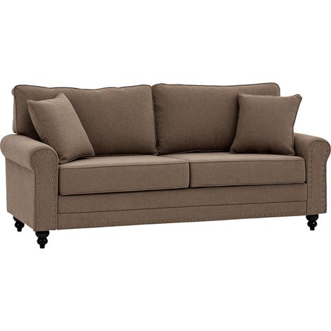 196cm 3 Seater Sofa, Fabric Sofa with Rubber Wood Legs, Nailhead Trim, 2 Pillows, Small Upholstered Couch Settee for Living Room, Guest Room, Brown (1/5)