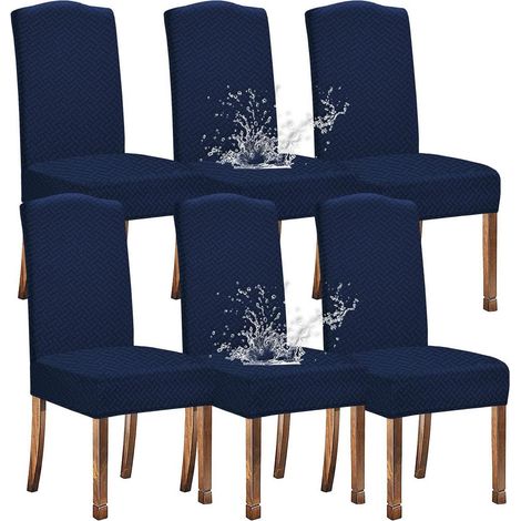 Stuhlhussen Jacquard Stretch wasserdicht für Esszimmer, 6 Stück, Marineblau (1/5)