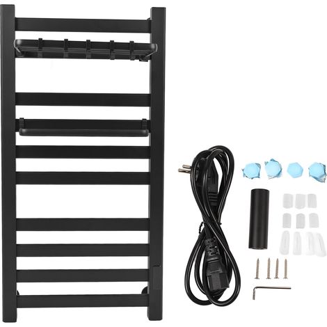 Sèche-serviette électrique mural noir avec étagère, température réglable, minuterie, affichage, étanche, pour salle de bain, prise UE 220V (1/5)