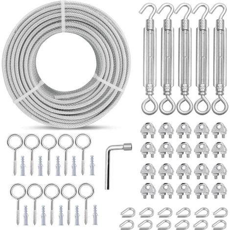 Tendeurs M6 pour câbles 3MM, Tendeur de câble en acier recouvert de PVC 30M Câble d'acier avec âme en 7×7 brins pour kit d'accrochage de Rampes de terrasse/Rampes d'escalier/Ligne à vêtement (1/5)