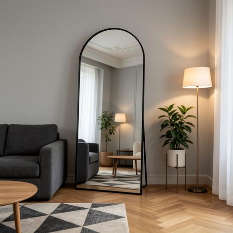 Miroir arqué 165×60cm, miroir pleine longueur, verre trempé haute définition, miroir sur pied avec support réglable, style moderne,cadre en alliage d'aluminium, pour chambres,salons et dressings,Noir