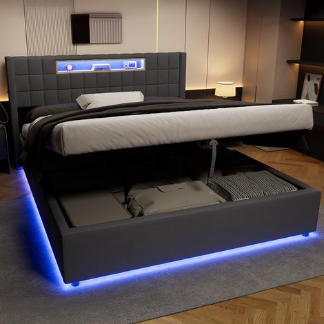 Lit coffre adulte 160x200 cm avec LED, tête de lit avec rangement, sommier à lattes, tissu gris (1/5)