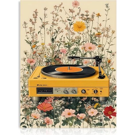 Art Mural de Tourne-Disque Boho, Impressions de Champ Floral Coloré et Tourne-Disque Jaune Vintage 12x16 pouces sans Cadre (1/5)