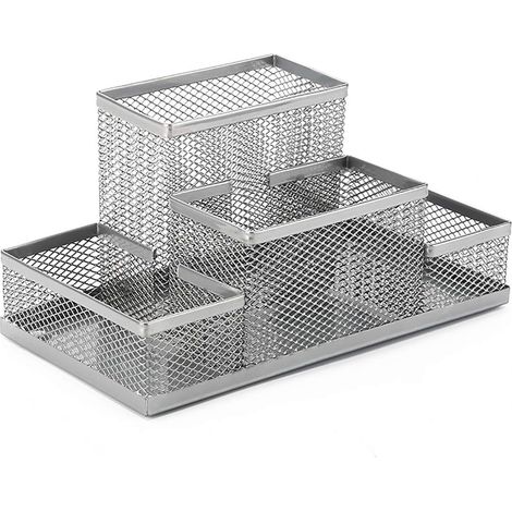 Organisateur de bureau porte‑stylo en maille métallique, 4 compartiments, argent – DELKEVIC (1/5)