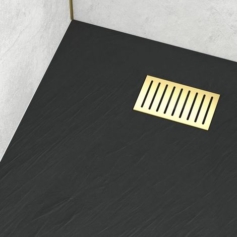 receveur de douche noir effet pierre 80x100 cm et grille décor linéaire or doré brossé