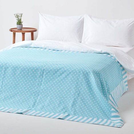HOMESCAPES Cotton Blue Polka Dots and Stripes Sofa Throw