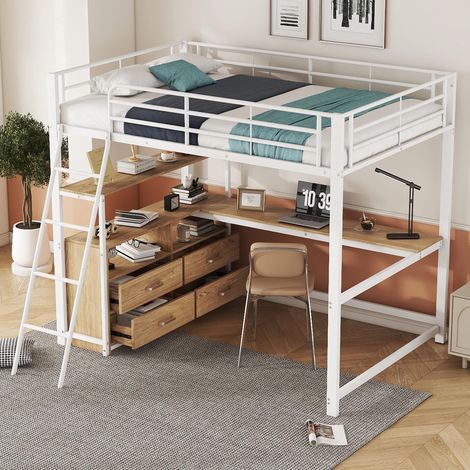 Lit mezzanine, 140 x 200 cm, structure en fer, tiroirs pratiques, bureau en L élégant, revêtement stratifié, matelas non inclus, blanc