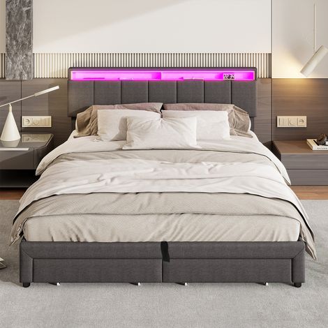 Polsterbett 180 x 200 cm mit klappbarem Kopfteil, LED und Stauraum-Schubladen, Leinen, Grau