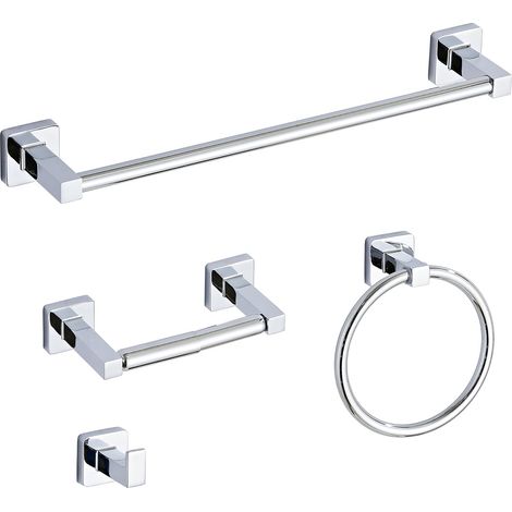 Ensemble de quincaillerie de salle de bain chromée 4 pièces, barre porte-serviette murale en acier inoxydable, comprend une barre porte-serviette de 40,6 cm, un anneau porte-serviette, des crochets (1/5)