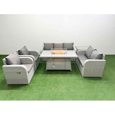 Fimous PE Rattan Garden Furniture Set Reclining Chair Sofa Double Love Seat 2 Seater Sofa Lounge Set Firepit Dining Table Side Table Light Grey (1/4)