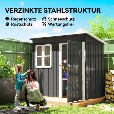 Abri de jardin avec fenêtre, porte verrouillable, cabane en acier gris, 221x133x190 cm, pour espace extérieur et terrasse (1/4)