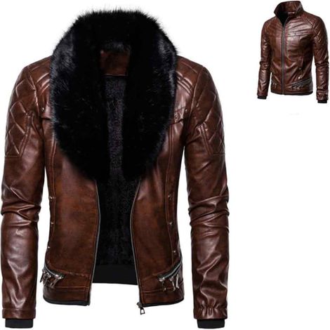 1 veste de moto homme, col fourrure amovible, rivets, coupe-vent en coton épais et cuir, style punk