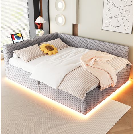 Cama tapizada 140x200 cm gris de terciopelo con almacenaje y LED (1/4)