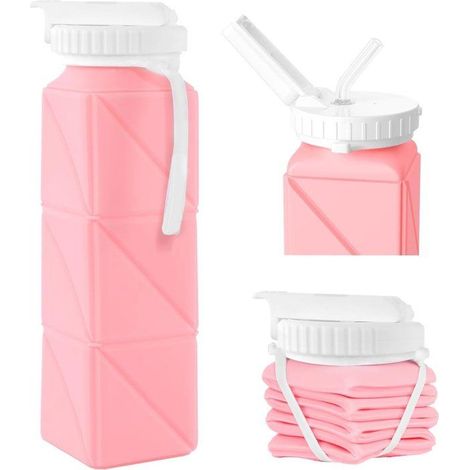 Gourde Pliable Étanche 620 ml, Silicone Alimentaire sans BPA, Bouchon Protégé pour Sport - Rose (1/5)