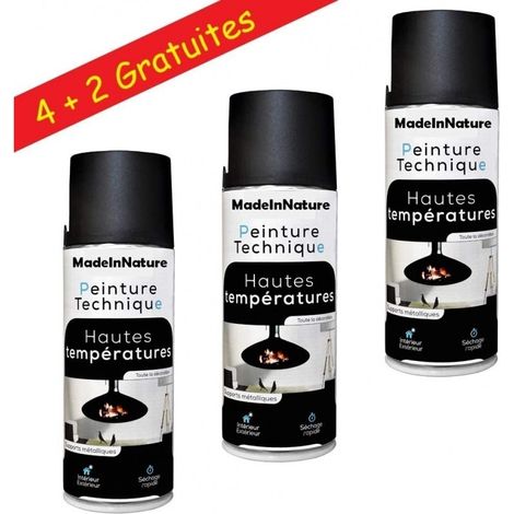 Lot de bombes de peinture, spray Hautes températures ou radiateurs, Intérieur et Extérieur, 400 ml - Noire haute température - Lot de 6. (1/4)
