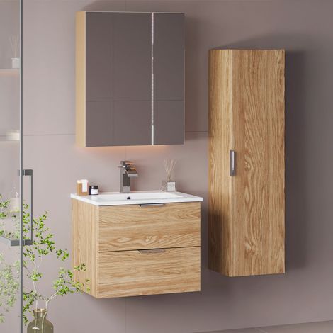 Waschtisch und Hängesäule 60cm Astrid mit 2 Schubladen, Holzoptik (1/5)