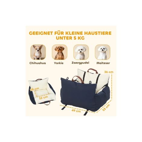 Siège auto pour chien bleu pour animaux jusqu à 5 kg avec 2 sangles de sécurité et housse lavable pour voiture et voyages (1/5)