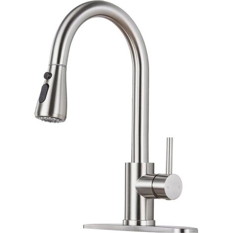 Mitigeur de cuisine avec douchette extractible, robinet évier inox arc élevé, bec pivotant 360°, finition nickel brossé (1/4)