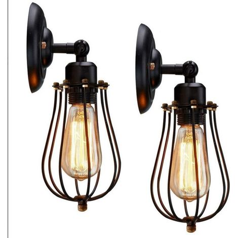 Lot de 2 Applique Murale Industrielle Métal Fer E27 Luminaire Vintage Retro pour Maison de Champagne Café Loft Cuisine Salon et chambre d'hôtel, Noir (1/5)