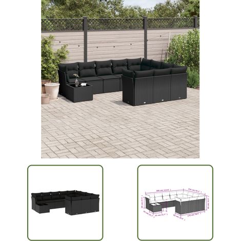 The Living Store 11-tlg. Garten-Sofagarnitur mit Kissen Schwarz Poly Rattan - Gartenmöbel - Rattan Möbel - Gartenset - Esstisch Set - Lounge Sofa (1/3)