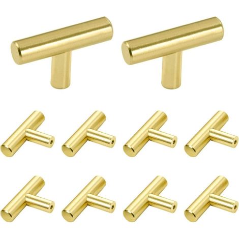 10-teiliges T-Griffset, Türgriffe aus gebürstetem Edelstahl für Küchenschränke, 50 mm Lochabstand, Gold