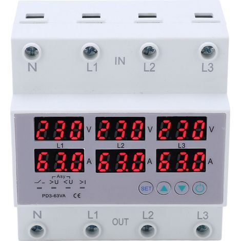 Dreiphasen-DIN-Schienen-Voltmeter, Amperemeter, automatischer Überspannungs- und Überstromschutz, Wechselstrom 390 bis 500 V, 63 A (1/5)