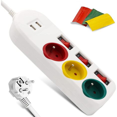 Fishtec – Multiprise 3 prises avec 2 ports USB – Interrupteurs individuels – Câble de 180 cm – Puissance de 3680 W – Matériau ABS (1/5)