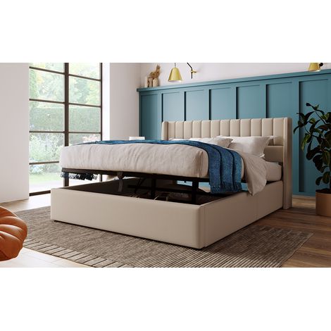 Lit coffre hydraulique 160x200 cm, sommier bois inclus, cadre métallique, tissu lin beige, lit double avec matelas (1/5)