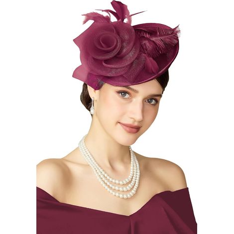 Chapeau bibi pour femme JeiibrZui orné de plumes et de fleurs en tulle - Style vintage - Comprend une pince à cheveux et un bandeau - Rouge bordeaux - Idéal pour les mariages et les courses hippiques (1/5)