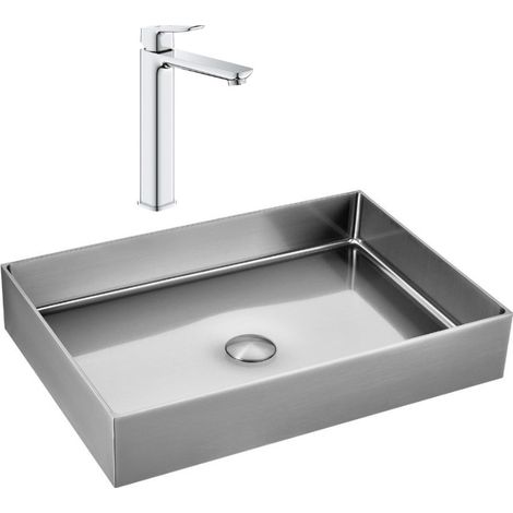 Vasque à poser acier inoxydable 304 55x38x10 cm Ceramia avec bonde + mitigeur lavabo Grohe Dice (TMLBCR1018920000) (1/5)