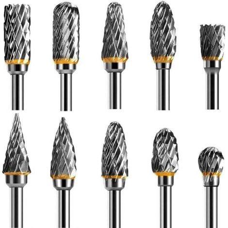 Jeu de Fraises Rotatives Acier Carbure de Tungstène Double Tranchant pour Outil rotatif, 10 pièces Tige 1/8” pour Outil Rotatif pour Bricolage, Sculpture sur bois, Polissage métaux, Gravure, P (1/4)
