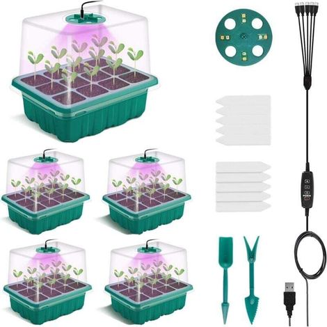 Lot de 5 mini serres programmées - Luminosité réglable - Avec contrôleur de minuterie - Serre d'intérieur avec couvercle et ventilation - 10 étiquettes, 2 outils-PR