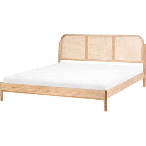 Cama de madera estilo retro cabecero ratán sintético 180 x 200 cm somier de listones marrón claro Archail (1/5)