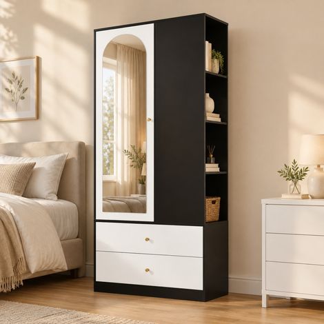 Kleiderschrank 80/40/180 cm in Weiß und Schwarz mit Spiegeltür, 2 Schubladen und Fächern (1/5)