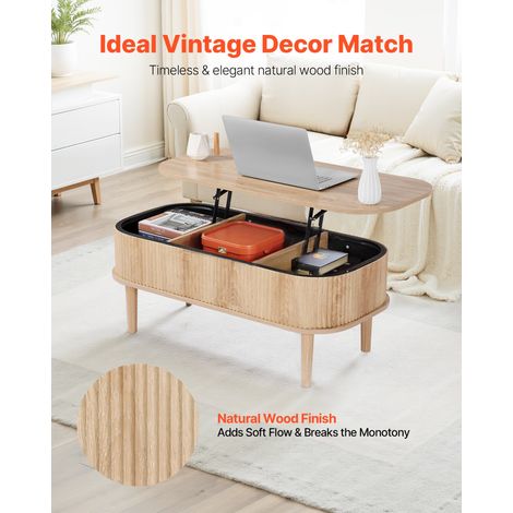 Table Basse Relevable, Table de Salon Ovale avec Rangement Caché de 3 Compartiments, Plateau Relevable, Meuble en Bois pour Maison, Bureau et Chambre, Cannelée, Mécanisme de Levage Métallique (1/5)