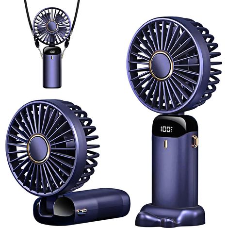 Mini ventilateur portable rechargeable par USB, 5 vitesses, avec écran LED pour voyage, extérieur, maison, bureau, école, camping (bleu) (1/5)
