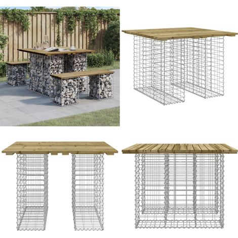 Mesa de jardín con diseño de gaviones, 100 x 102 x 72 cm, madera de pino impregnada - Mesa de exterior - Mesa de patio