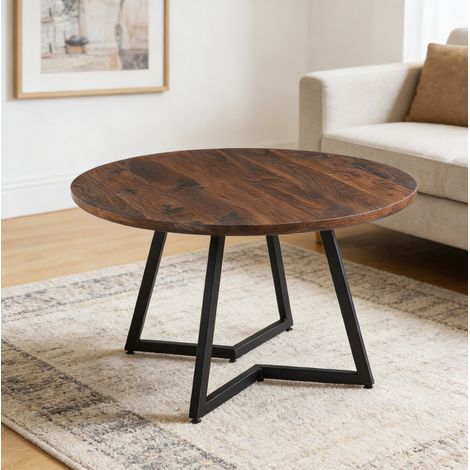 Mesa de comedor redonda de 110 cm en MDF efecto nogal con patas de metal, H 75 cm (1/5)