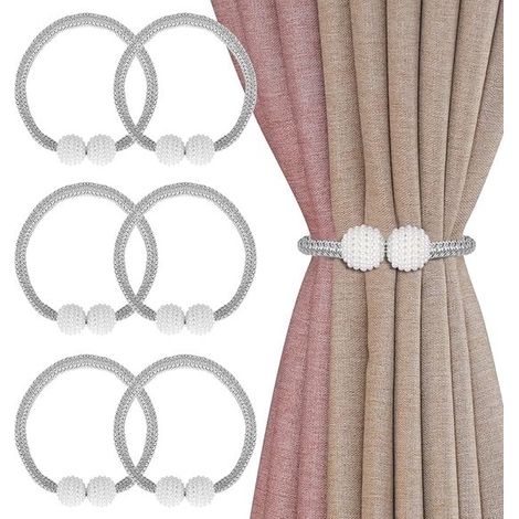 Embrasses de rideaux magnétiques - Lot de 6 - Attaches de rideaux - Attaches de rideaux - Attaches de rideaux - Pinces de fixation pour rideaux - Cordon de rideau magnétique - Gris - Polyester - 47 cm (1/5)