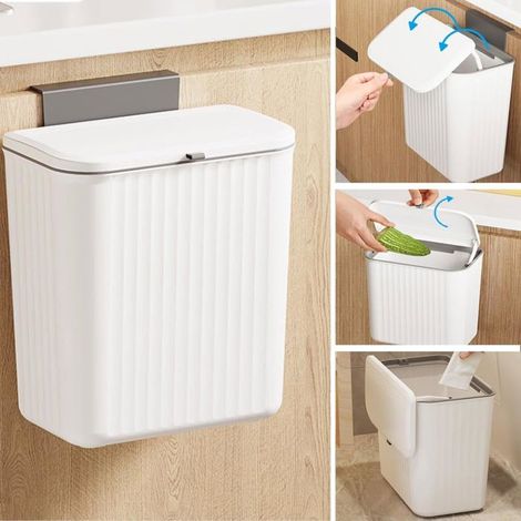 Composteur de cuisine suspendu de 2,4 gallons avec couvercle Poubelle murale à poser sur le comptoir ou sous l'évier de la salle de bain, blanche (1/5)