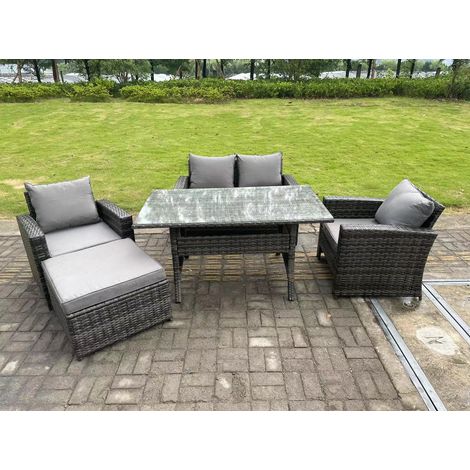 Fimous 5 Seater Outdoor Dark Grey Mixed High Back Rattan Sofa Dining Table Set Love Seat Garden Furniture Big Footstool (1/5)