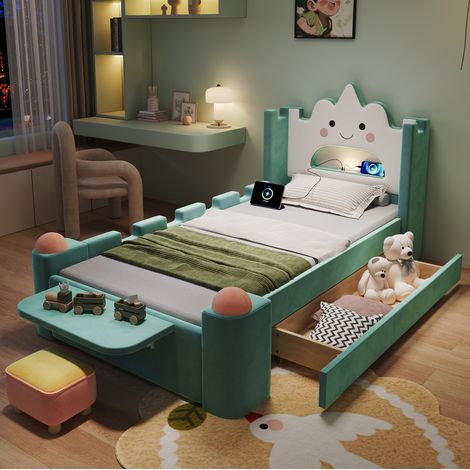 Lit enfant 90x200 cm avec tiroir et ports USB, tête de lit nuage avec LED, en velours, bleu vert, sans matelas (1/5)