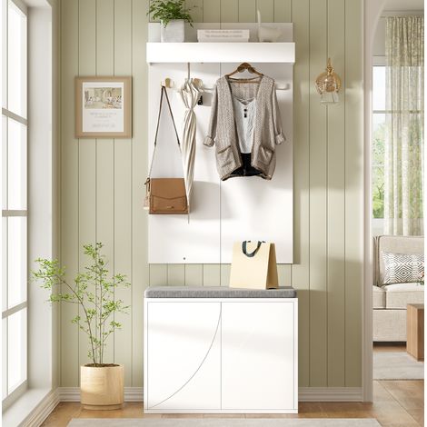 Mueble zapatero con banco y perchero, 4 ganchos, blanco OKMYHOME (1/5)