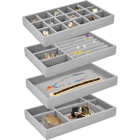 Schmuckaufbewahrungsbox – Samt-Aufbewahrungstablett mit herausnehmbaren Schubladen – 4-teilig – 21 x 12,5 x 2,5 cm – Für Halsketten, Ohrringe und Uhren (1/5)