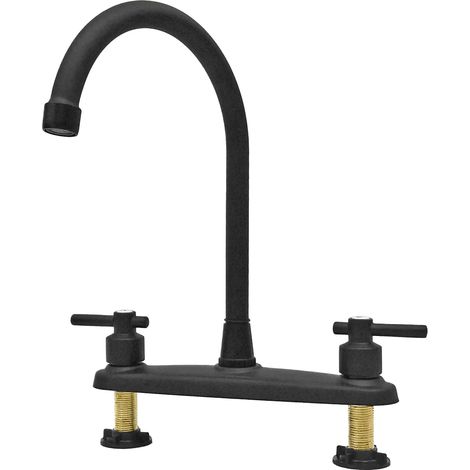 Robinet de cuisine moderne à double levier (noir mat), mitigeur eau chaude/eau froide, bec pivotant, deux sièges, coude, filtre. (1/5)