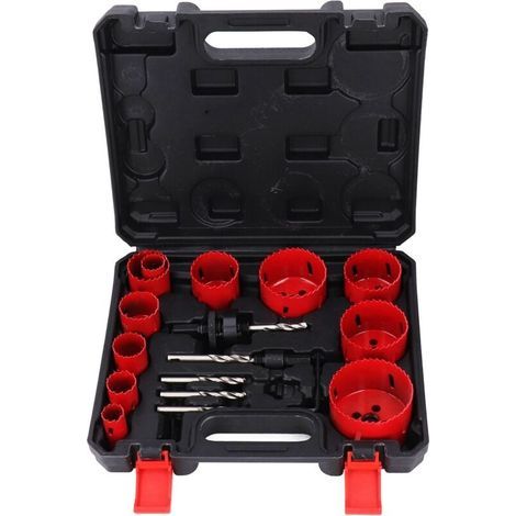Ensemble de 18 scies cloches bimétalliques, avec mandrins, embouts et scies à vis, pour métaux tendres, bois, plastique, planches de 1,9 cm à 5,8 cm. (1/5)